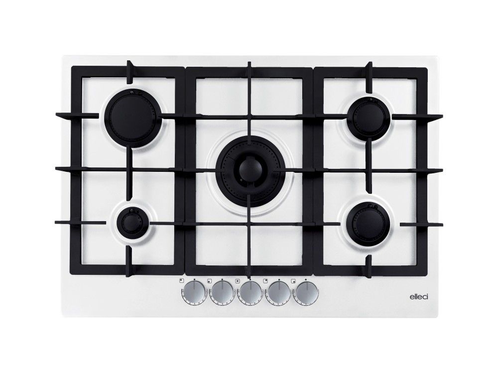 Elleci PKPP75196CS Piano Cottura Plano Plus 75 5 Fg (Tcc) White K96 Griglie Ghisa Manopole Black
